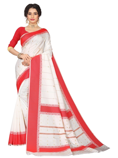 

Rivana White & Red Woven Design Zari Pure Silk Kanjeevaram Saree
