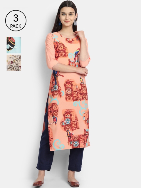 

KALINI Women Multicoloured & salmon Floral Printed Crepe Kurta, Multi