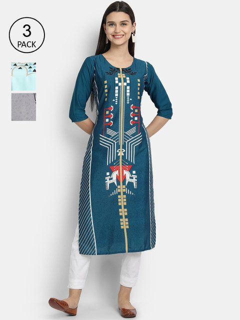 

KALINI Women Multicoloured Ethnic Motifs Printed Thread Work Crepe Kurta, Multi