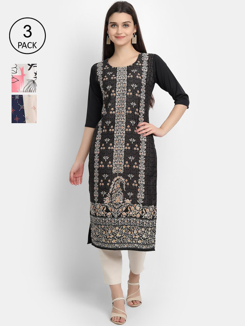 

KALINI Women Multicoloured Floral Printed Thread Work Crepe Kurta, Multi