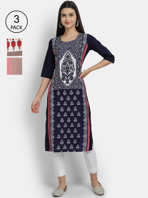

KALINI Women Multicoloured & french middle red purple Geometric Printed Thread Work Crepe Kurta, Multi