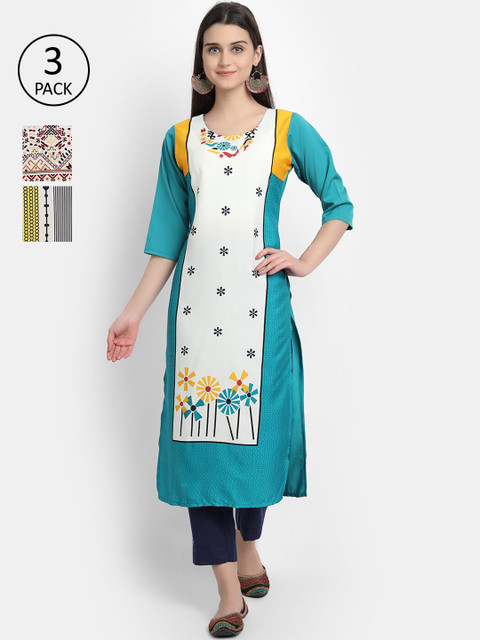 

KALINI Women Multicoloured & star white Geometric Printed Cold-Shoulder Sleeves Crepe Kurta, Multi