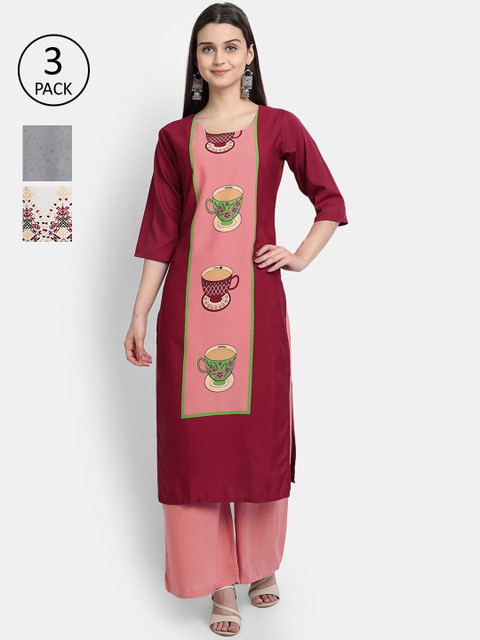 

KALINI Women Multicoloured & claret Geometric Printed Cold-Shoulder Sleeves Crepe Kurta, Multi