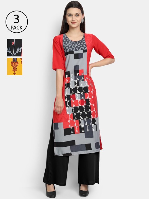 

KALINI Women Multicoloured & raisin black Floral Printed Keyhole Neck Crepe Kurta, Multi