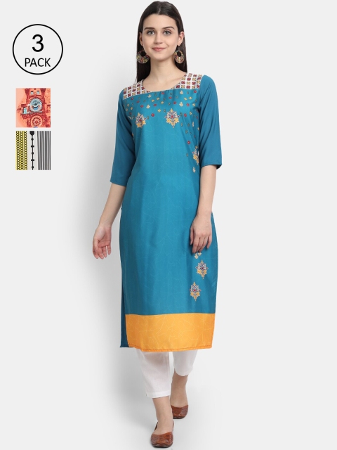 

KALINI Women Multicoloured & horizon blue Floral Yoke Design Thread Work Crepe Kurta, Multi