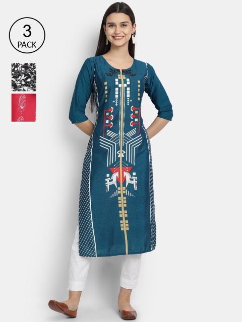 KALINI Women Multicoloured & ink blue Floral Embroidered Thread Work Crepe Kurta, Multi
