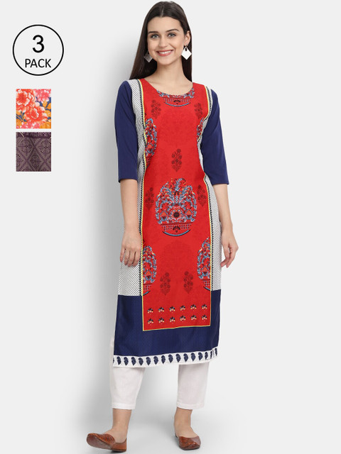 

KALINI Women Multicoloured & lava Ethnic Motifs Printed Thread Work Crepe Kurta, Multi