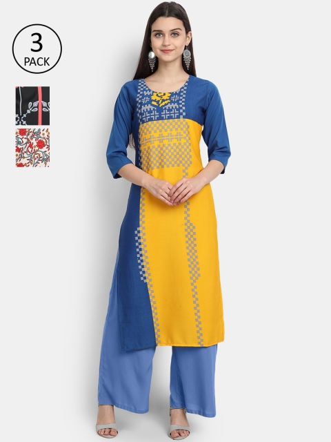 

KALINI Women Multicoloured & freesia Floral Printed Keyhole Neck Thread Work Crepe Kurta, Multi