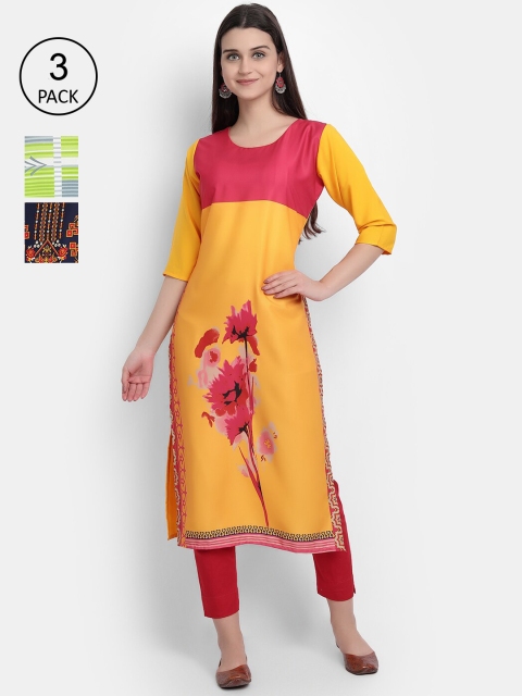 

KALINI Women Multicoloured & mimosa Floral Embroidered Thread Work Crepe Kurta, Multi