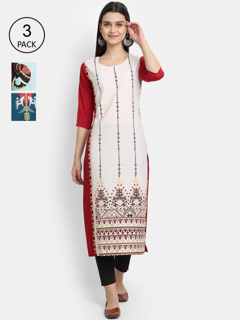 

KALINI Women Multicoloured Geometric Striped Flared Sleeves Thread Work Crepe Kurta, Multi