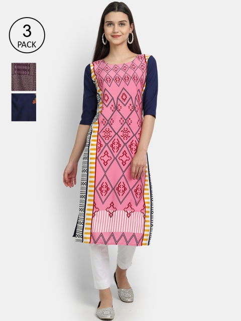 

KALINI Women Multicoloured & flamingo pink Floral Embroidered Thread Work Crepe Kurta, Multi