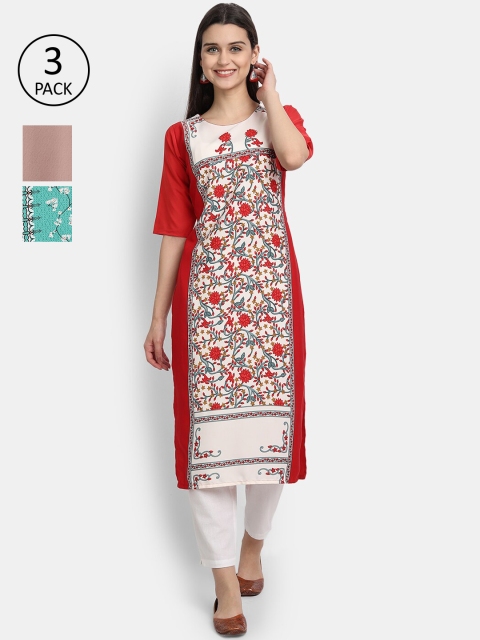 

KALINI Women Multicoloured & almost mauve Floral Printed Keyhole Neck Thread Work Crepe Kurta, Multi