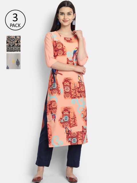 

KALINI Women Multicoloured & salmon Embroidered Thread Work Crepe Kurta, Multi