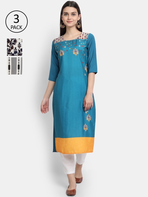 

KALINI Women Multicoloured & blue green Floral Yoke Design Thread Work Crepe Kurta, Multi