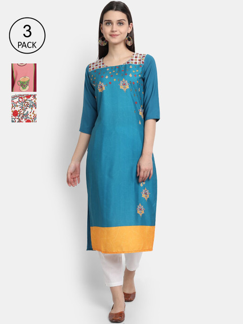 

KALINI Women Multicoloured & vivid blue Floral Printed Keyhole Neck Thread Work Crepe Kurta, Multi