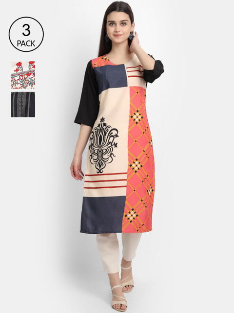 

KALINI Women Multicoloured Geometric Striped Thread Work Crepe Kurta, Multi
