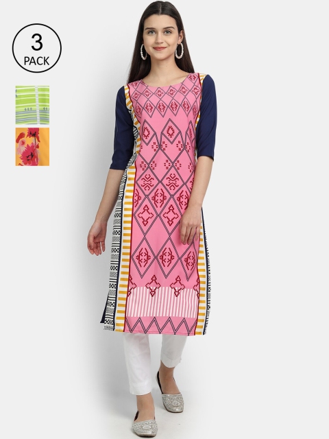 

KALINI Women Multicoloured & geranium pink Ethnic Motifs Printed Flared Sleeves Mirror Work Crepe Kurta, Multi
