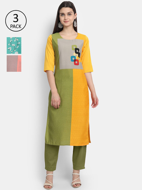 

KALINI Women Multicoloured & urobilin Colourblocked Thread Work Crepe Kurta, Multi
