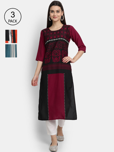 

KALINI Women Multicoloured & french middle red purple Printed Thread Work Crepe Kurta, Multi