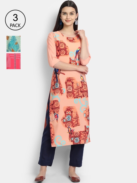 

KALINI Women Multicoloured & salmon Floral Printed Crepe Kurta, Multi