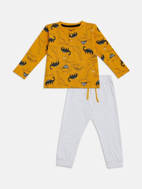 

R&B Boys Peach-Coloured & Grey Melange Printed T-shirt with Trousers