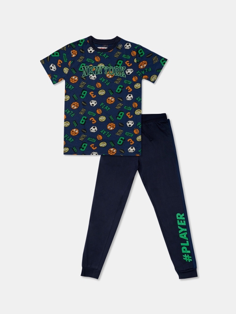 

R&B Boys Navy Blue & Green Printed T-shirt with Trousers