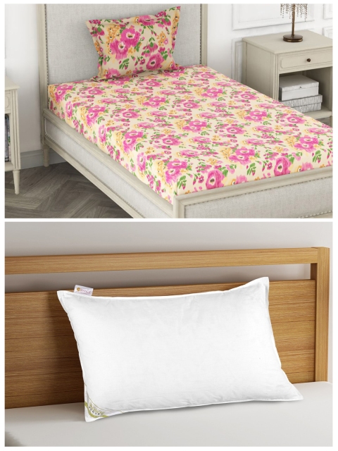 

BIANCA Orthopedic Pillow and 110 TC Floral Single Bedsheet with 1 Pillow Covers, Beige