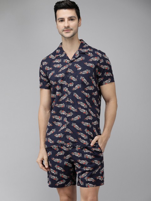

THE BEAR HOUSE Men Navy Blue & White Printed Pure Cotton Co-ord Set