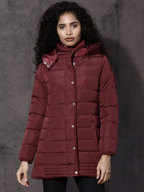 

Roadster Women Maroon Solid Hooded Puffer Jacket