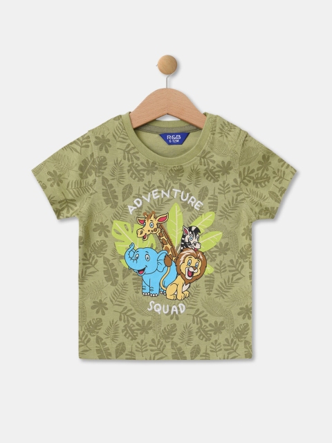 

R&B Boys Olive Green Floral Printed Mandarin Collar Drop-Shoulder Sleeves Applique T-shirt