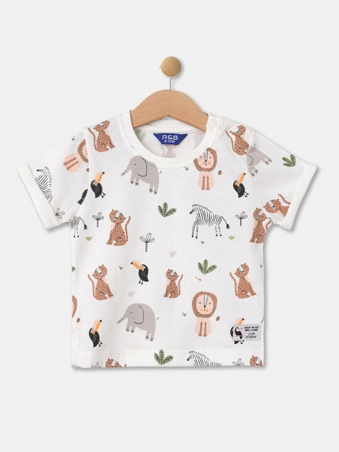 

R&B Boys White Printed Extended Sleeves Applique T-shirt