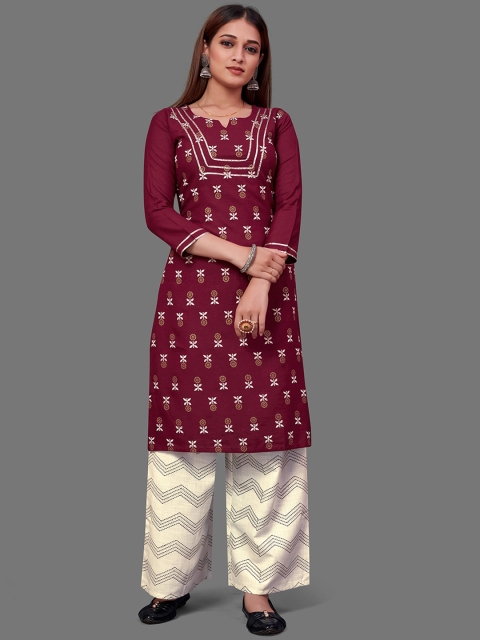 

VILAM Women Maroon Embroidered Pleated Kurti with Trousers