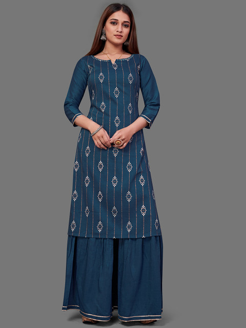 

VILAM Women Turquoise Blue Ethnic Motifs Embroidered Angrakha Kurti with Skirt