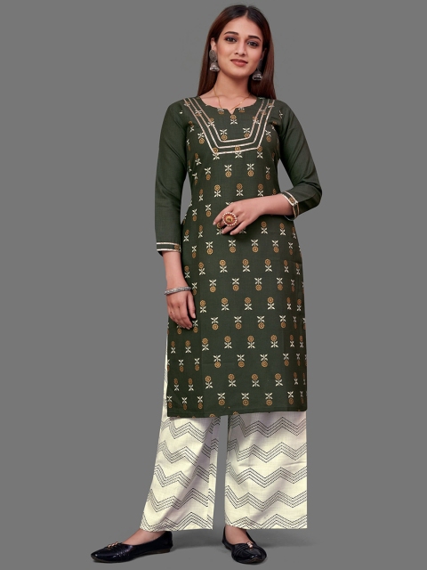 

VILAM Women Green Ethnic Motifs Panelled Kurti with Skirt