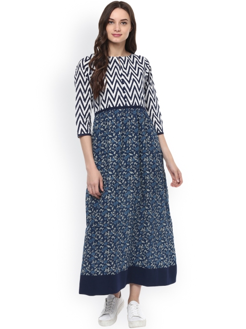 

Jaipur Kurti Women Navy & White Printed Maxi Dress, Navy blue