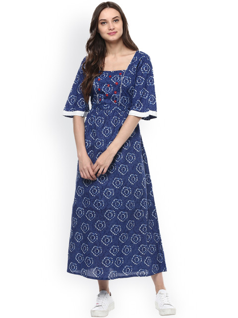 

Jaipur Kurti Women Navy & White Printed Maxi Dress, Navy blue
