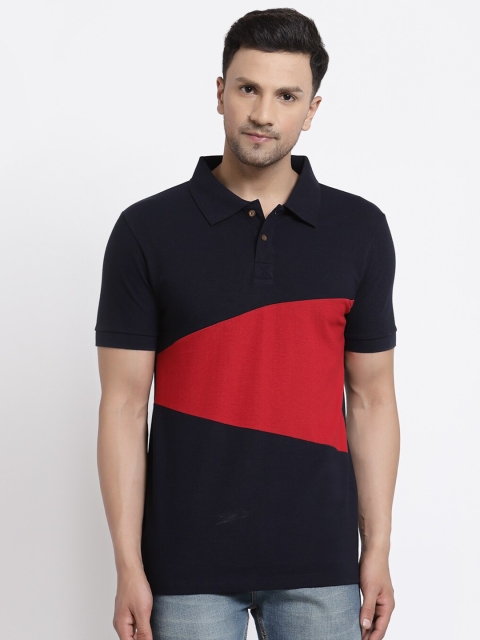 

Kalt Men Navy Blue & dark sapphire Colourblocked Polo Collar Applique T-shirt