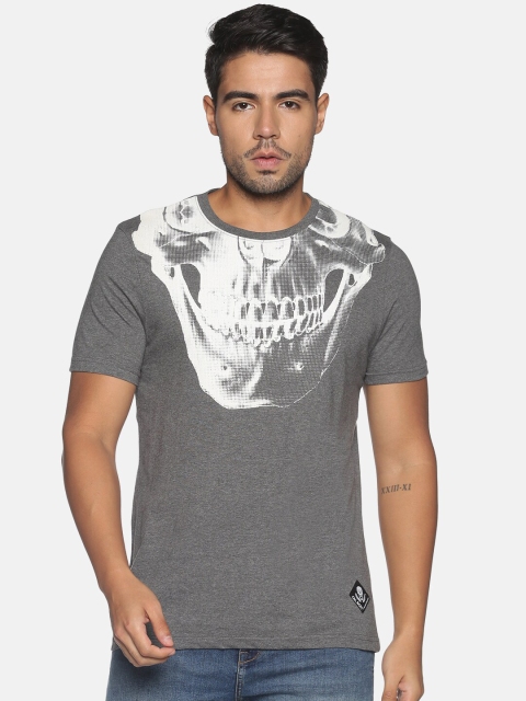 

OHA BOY Men Grey & steel gray Printed Raw Edge T-shirt