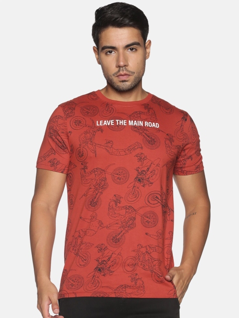

OHA BOY Men Red & crabapple Printed Raw Edge T-shirt
