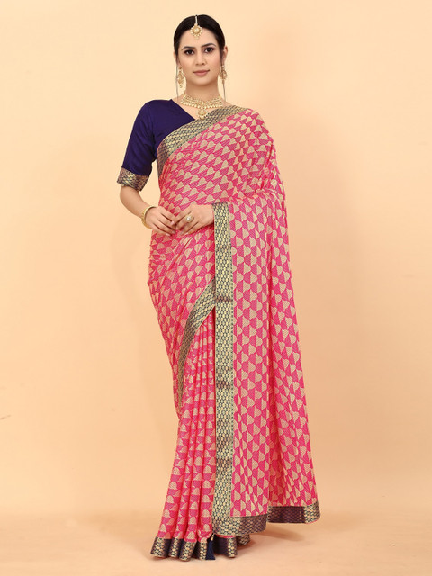 

Fashion Basket Pink & Gold-Toned Woven Design Saree