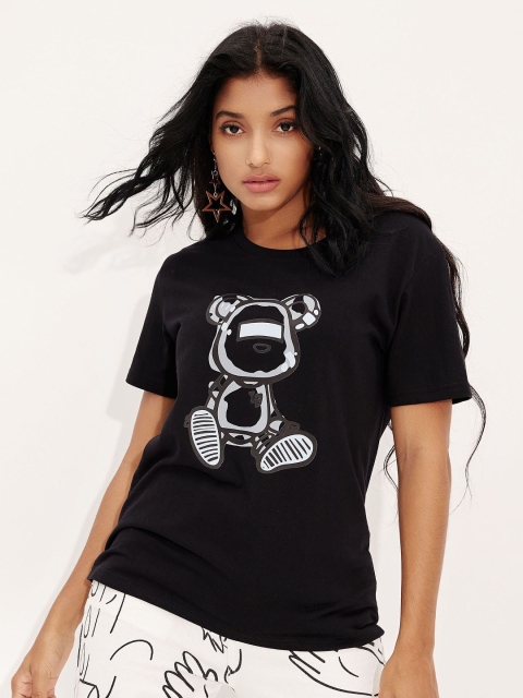 

URBANIC Women Black Floral Printed High Neck Applique T-shirt
