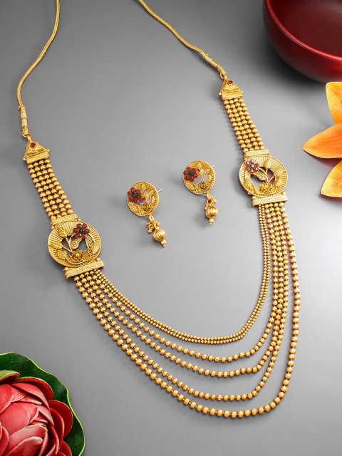 

aadita Gold-Plated Green & Pink Stone-Studded & Beaded Jewellery Set