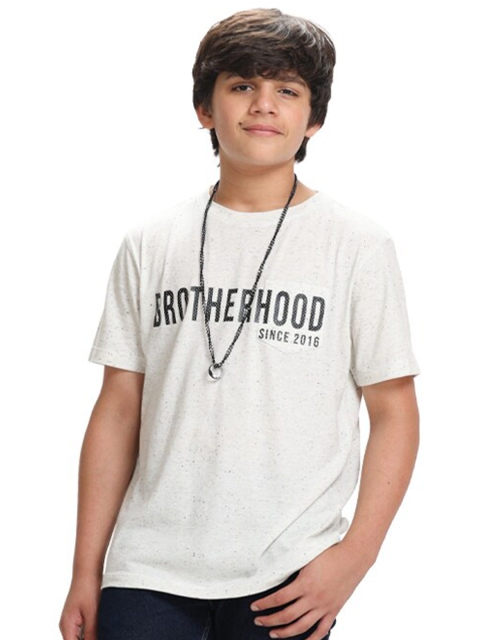 

SIDROCK Boys White Typography Drop-Shoulder Sleeves Applique T-shirt