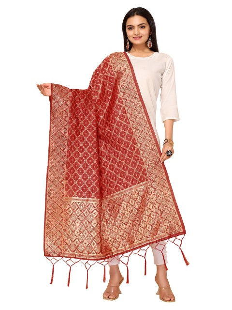

Nimayaa Red & Gold-Toned Ethnic Motifs Woven Design Dupatta