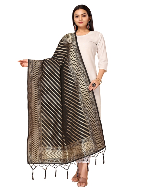 

Nimayaa Black & Gold-Toned Woven Design Leheriya Dupatta with Zari