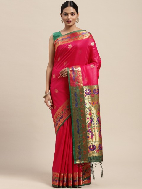 

Pandadi Saree Pink & Gold-Toned Woven Design Zari Silk Blend Paithani Sarees