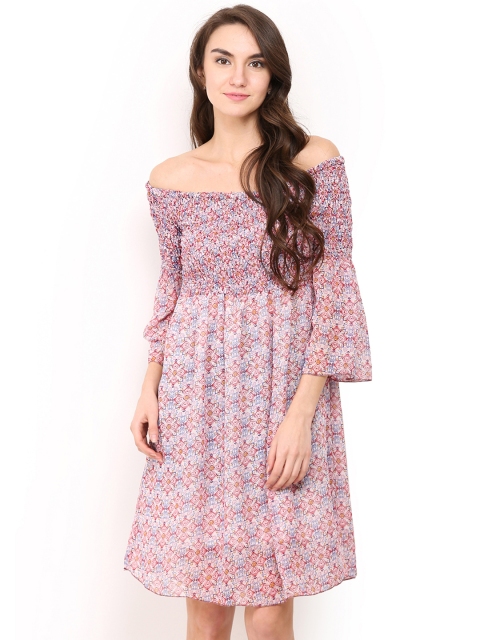 

Trend Arrest Women Multicoloured Printed Smocking Off-Shoulder Fit & Flare Dress, Multi