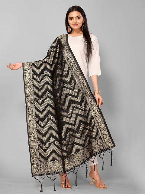 

KALINI Black & Gold-Toned Ethnic Motifs Woven Design Dupatta