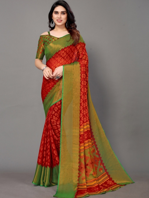 

Winza Designer Red & Gold-Toned Kalamkari Zari Brasso Jamdani Saree