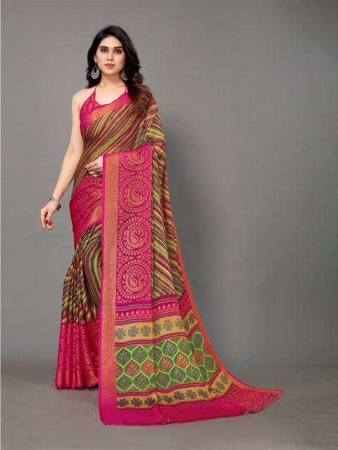 

Winza Designer Pink & Green Leheriya Zari Brasso Leheriya Saree